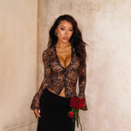 Damen Transparente Spitzenbluse mit Glockenärmeln