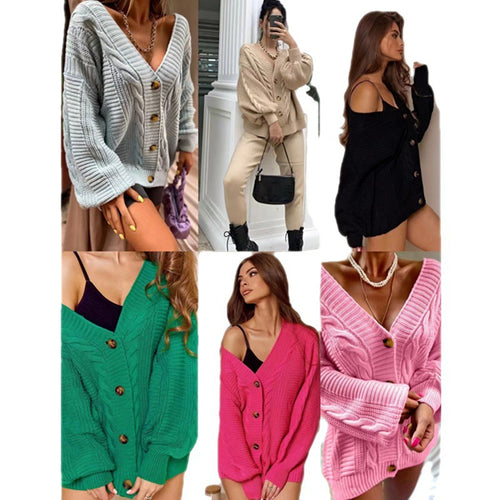 Damen Grobstrickjacke mit voluminösen Ärmeln und Knopfdetails R&B