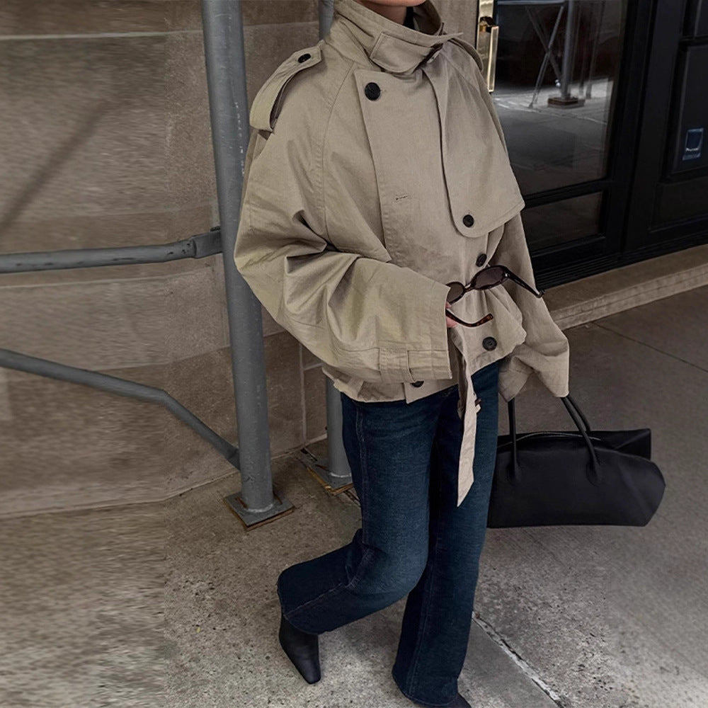 Damen Modische Kurzjacke mit hohem Kragen und Taillengürtel R&B