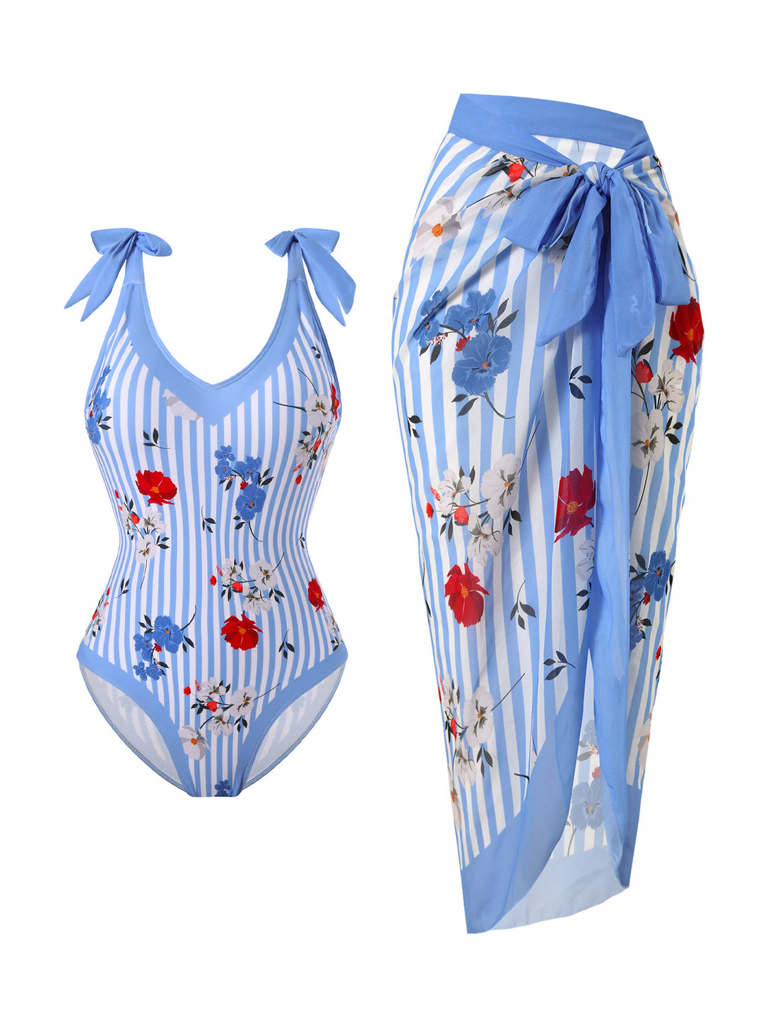 Damen Badeanzug mit floralem Design und transparentem Wickelrock R&B