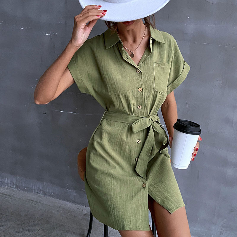 Damen Hemdblusenkleid mit Taillengürtel und Kurzarm R&B