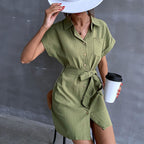 Damen Hemdblusenkleid mit Taillengürtel und Kurzarm