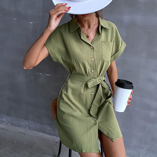 Damen Hemdblusenkleid mit Taillengürtel und Kurzarm R&B