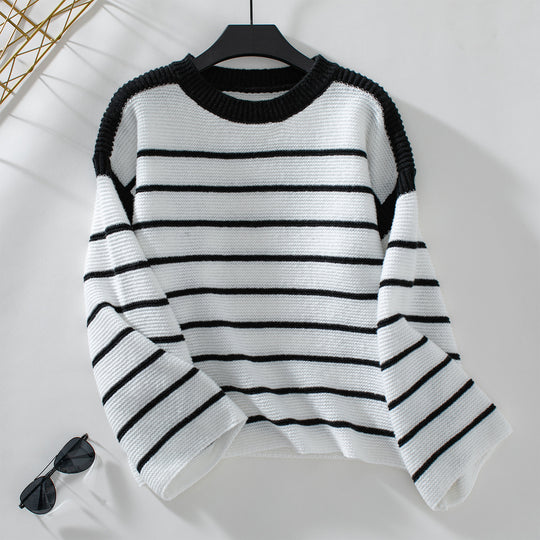 Damen lässiger Strickpullover mit blockierendem Streifenmuster und weitem Schnitt R&B