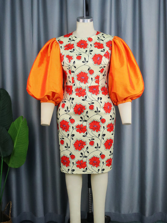 Damen figurbetontes Kleid mit voluminösen Puffärmeln und floralem Design R&B