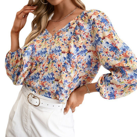 Damen Bluse mit Rüschen und floralem Muster R&B