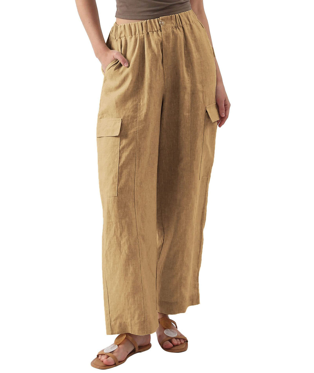 Damen lässige Leinen-Cargo-Hose mit hohen Taschen und elastischem Bund R&B