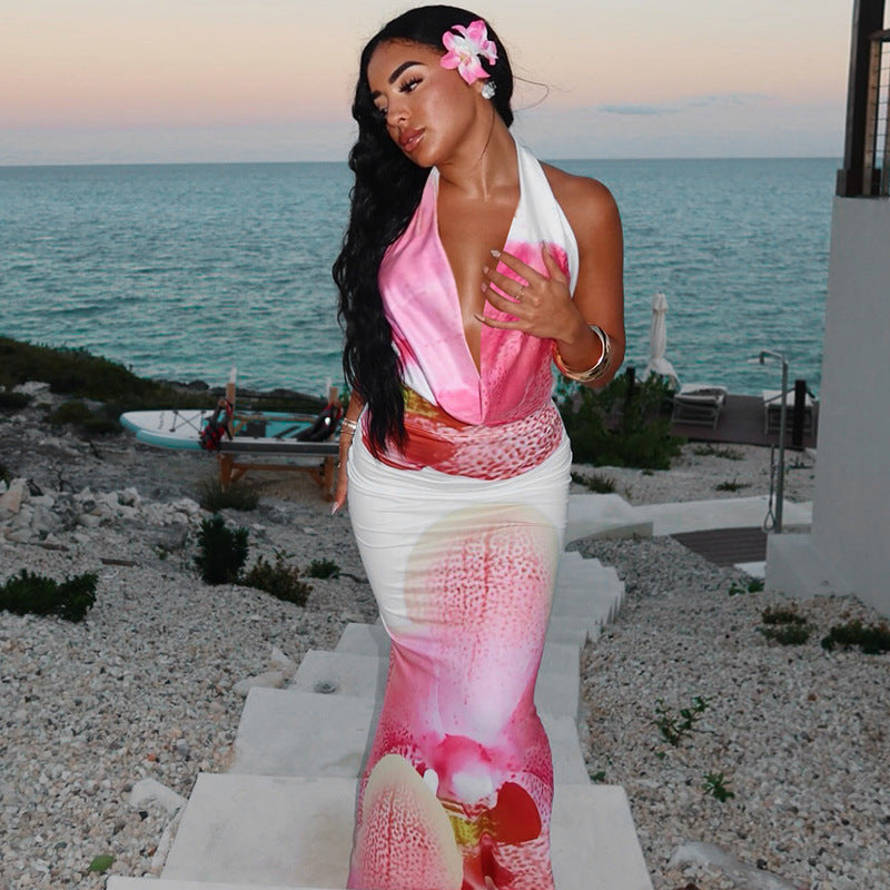 Damen Maxikleid mit verführerischem V-Ausschnitt und floralen Akzenten R&B