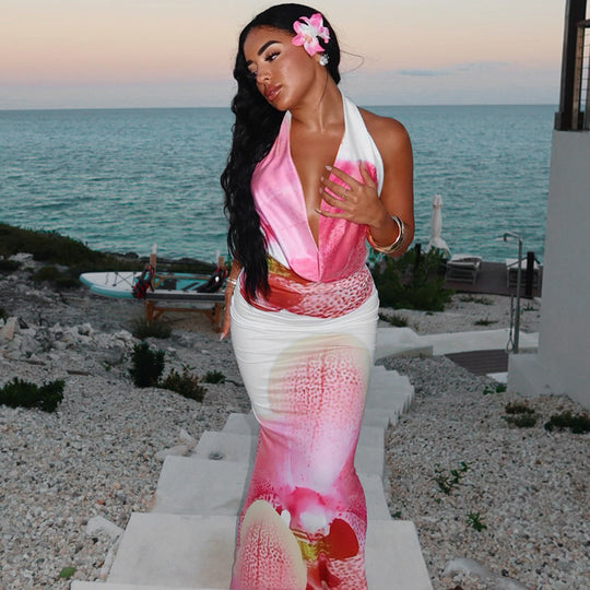 Damen Maxikleid mit verführerischem V-Ausschnitt und floralen Akzenten R&B