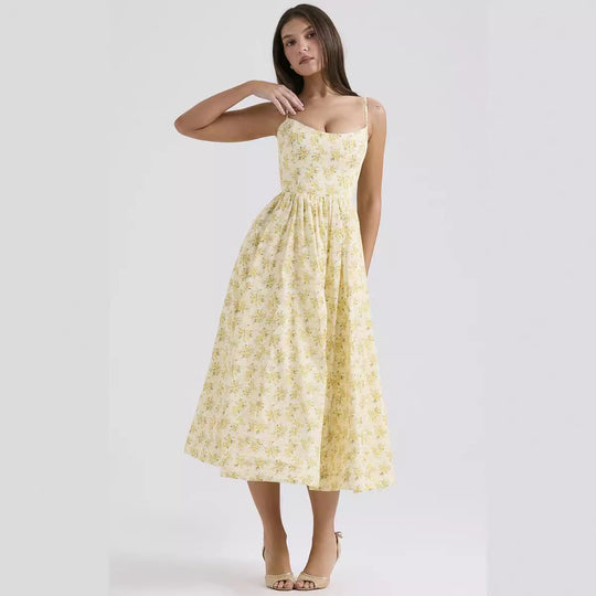 Damen Midi-Blumenkleid mit trägerlosem Stil und schwingendem Rock R&B