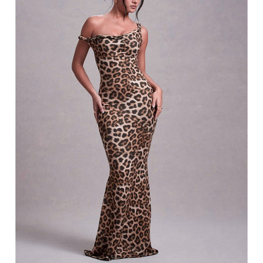 Damen Langarm Maxikleid im eleganten Leopardenmuster R&B