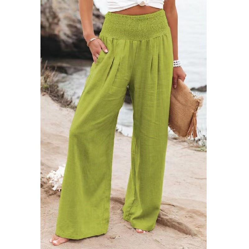 Damen weite Leinenhose mit elastischem Bund und Falten R&B