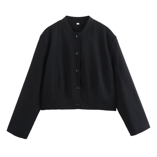 Damen modische Cropped-Jacke mit Knopfverschluss und elastischem Ausschnitt R&B