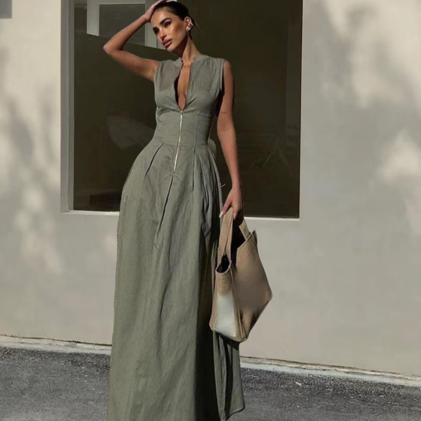 Damen Elegantes Maxi-Kleid mit tiefem V-Ausschnitt und schmalem Schnitt R&B