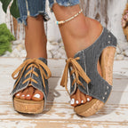 Damen Wedge-Sandalen mit dekorativem Schnürung und Korksohle R&B