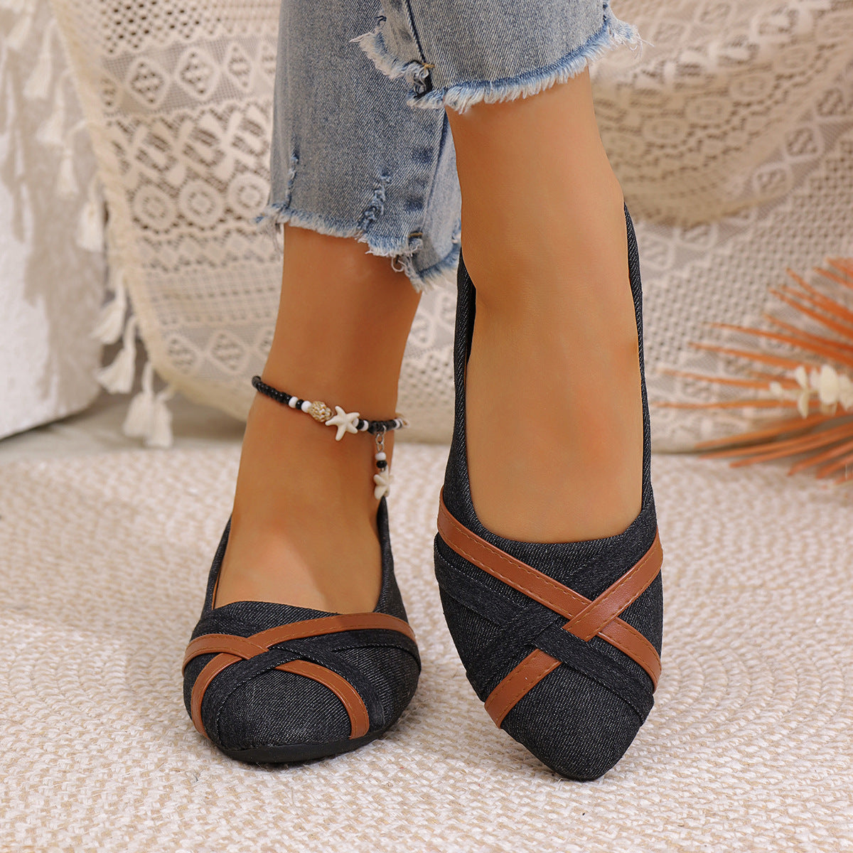 Damen Ballerinas aus Denim mit eleganten Lederapplikationen R&B