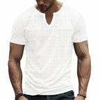 Herren nan Kurzarmshirt mit geschlitztem V-Ausschnitt strukturierter Leinenoptik und aufgesetzter Brusttasche R&B