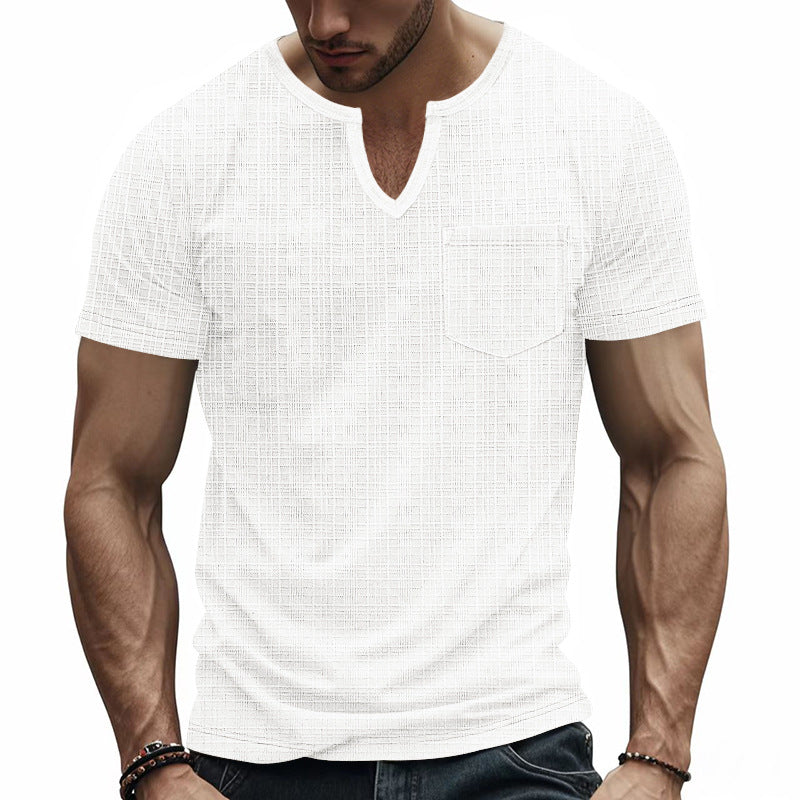 Herren nan Kurzarmshirt mit geschlitztem V-Ausschnitt strukturierter Leinenoptik und aufgesetzter Brusttasche R&B