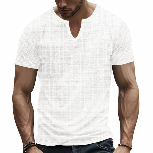 Herren nan Kurzarmshirt mit geschlitztem V-Ausschnitt strukturierter Leinenoptik und aufgesetzter Brusttasche R&B