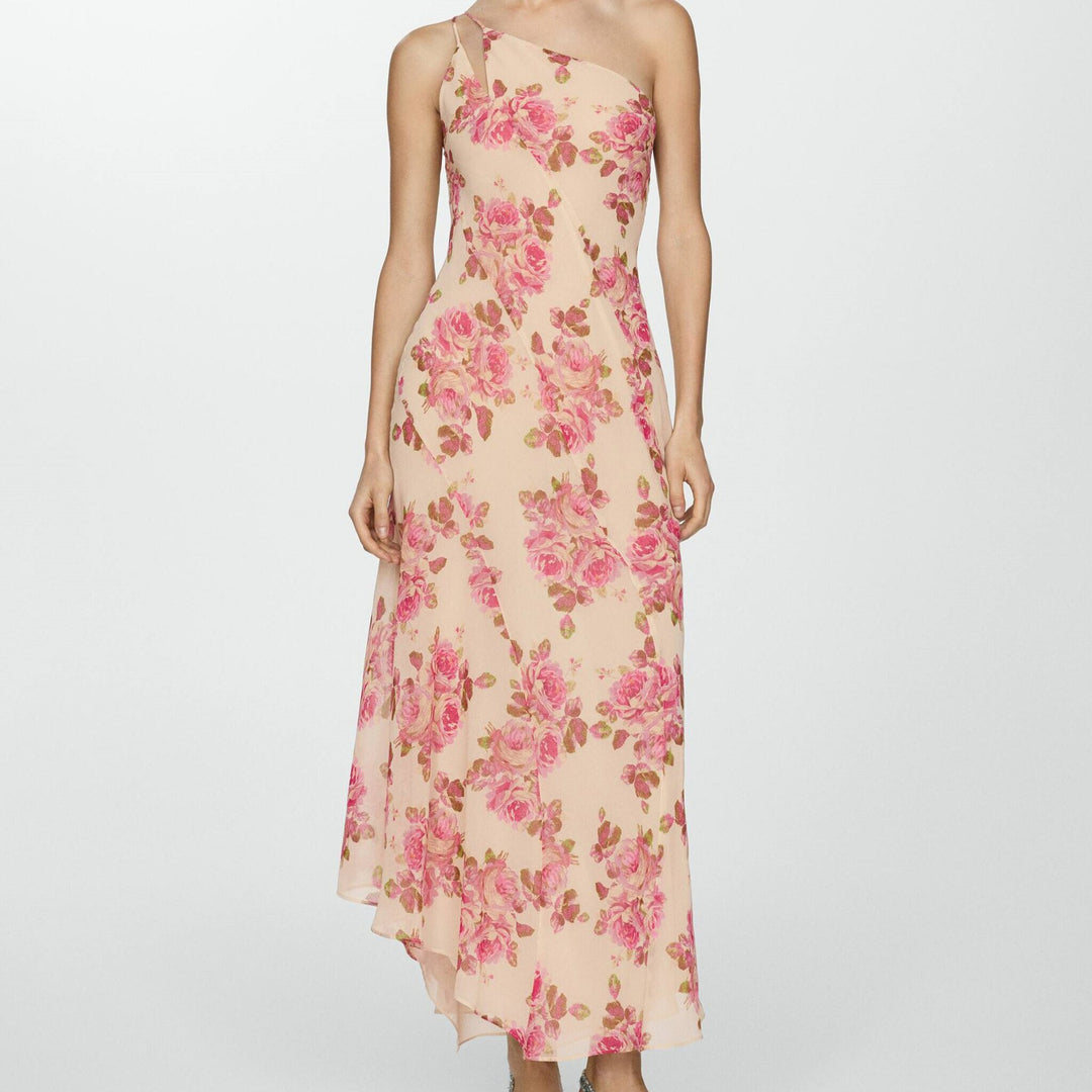 Damen asymmetrisches Maxikleid mit floralem Muster und einem Schulterdesign R&B