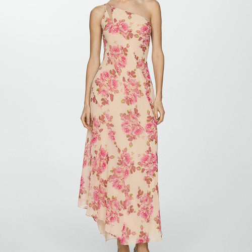 Damen asymmetrisches Maxikleid mit floralem Muster und einem Schulterdesign R&B