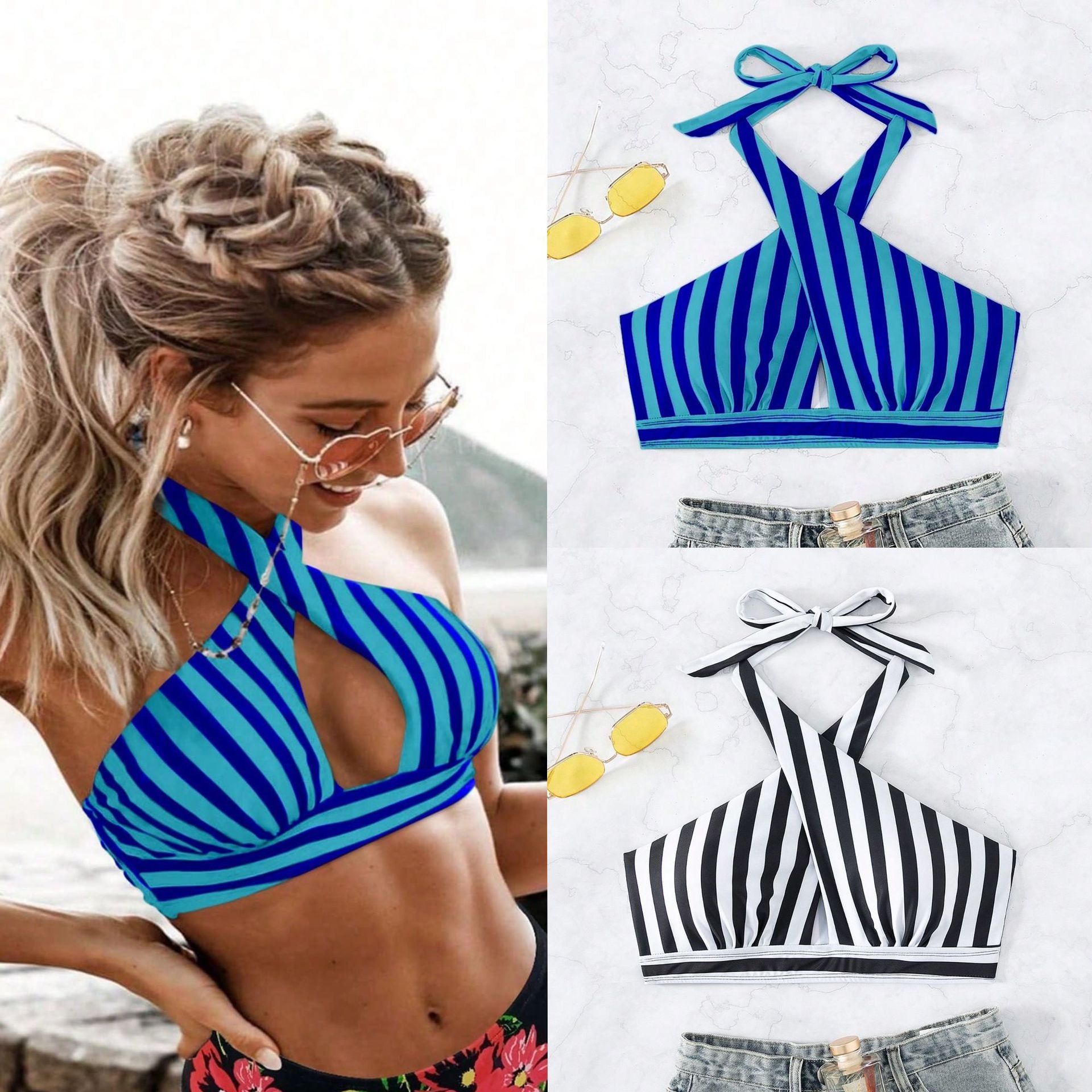 Damen Triangel-Bikinioberteil mit durchdachtem Wickeldesign und elegantem Streifenmuster R&B