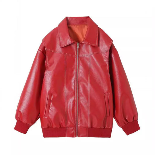 Damen stylische Kunstlederjacke mit voluminösen Ärmeln und praktischen Zipper-Taschen R&B