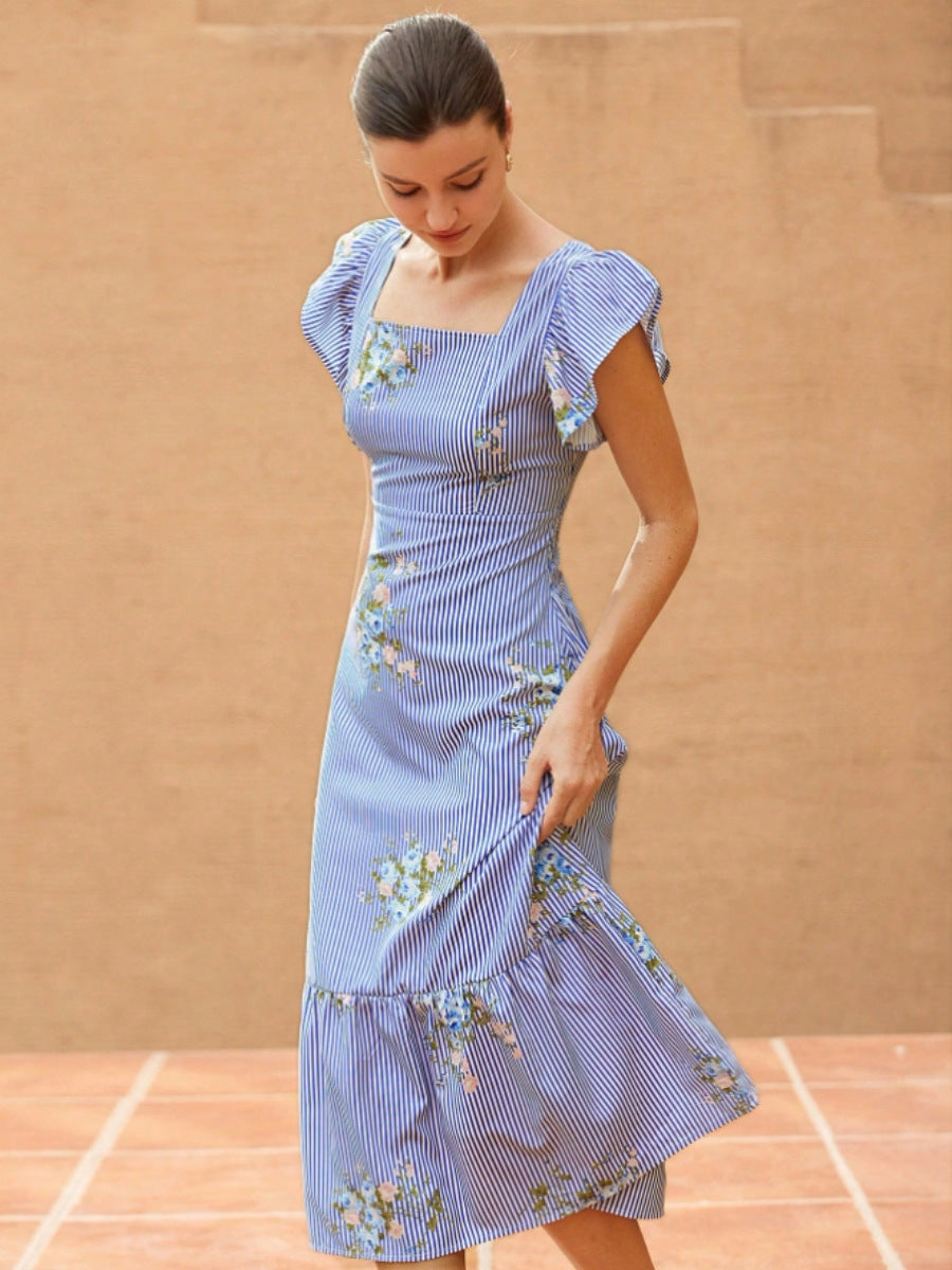 Damen Maxikleid mit floralem Streifenmuster und taillierter Silhouette R&B