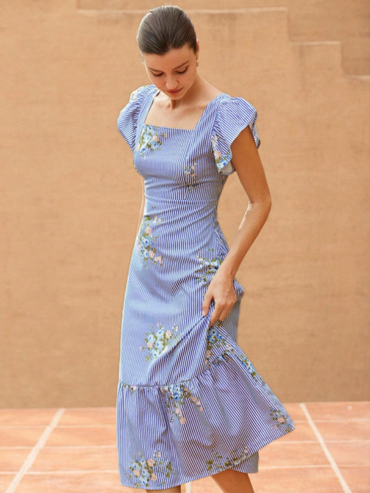 Damen Maxikleid mit floralem Streifenmuster und taillierter Silhouette R&B