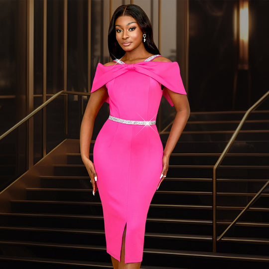 Damen elegantes schulterfreies Midi-Kleid mit funkelndem Taillengürtel R&B