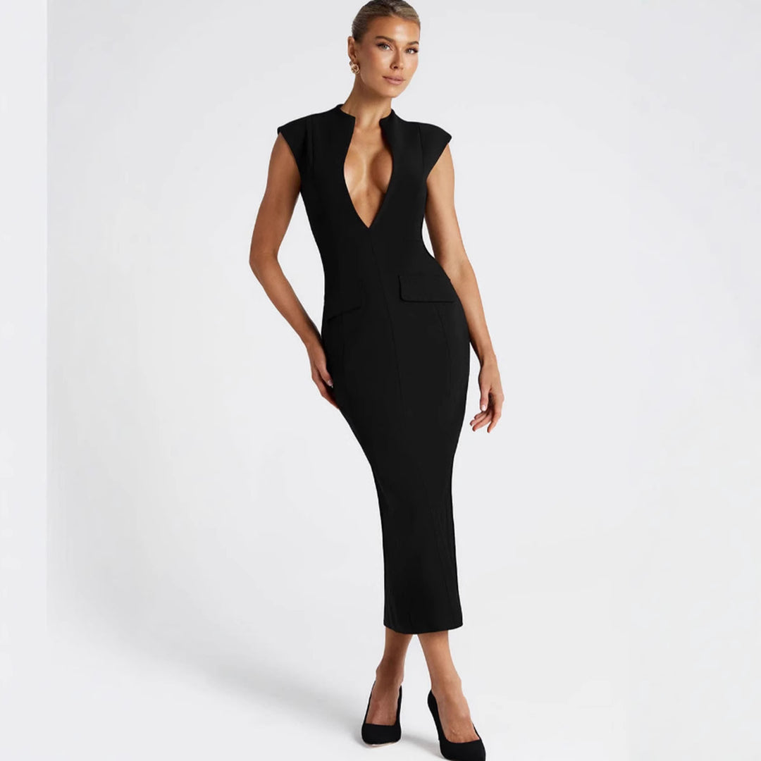 Damen figurbetontes Kleid mit tiefem V-Ausschnitt und eleganten Taschen R&B