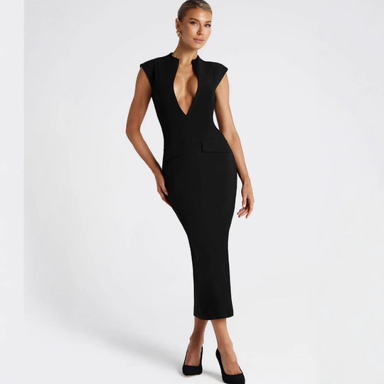 Damen figurbetontes Kleid mit tiefem V-Ausschnitt und eleganten Taschen R&B