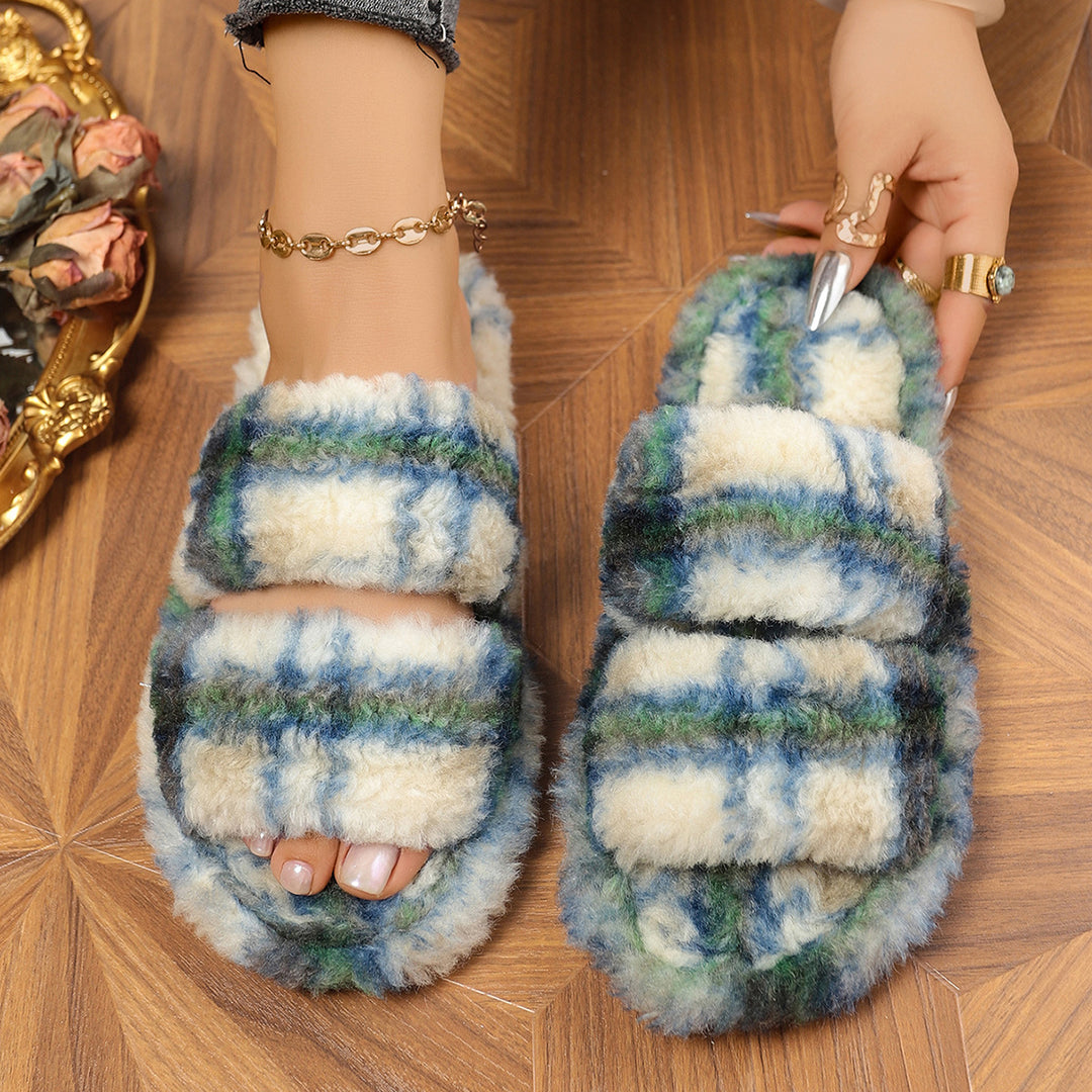 Damen bequeme Hausschuhe aus flauschigem Material mit doppeltem Riemen R&B