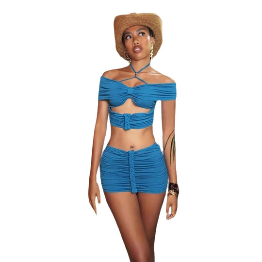 Damen Cropped Oberteil und Minirock Set mit Raffungen und schulterfreiem Design R&B