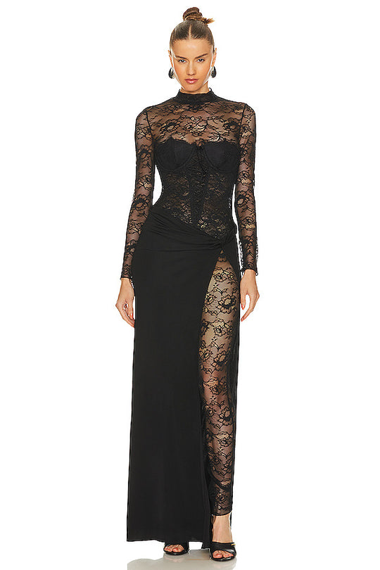 Damen Lange Spitze Kleid mit transparenten Einsätzen und elegantem Schlitz R&B