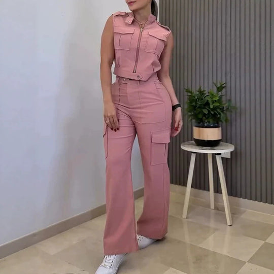 Damen Cargo-Jumpsuit mit kurzem Oberteil und praktischen Taschen R&B
