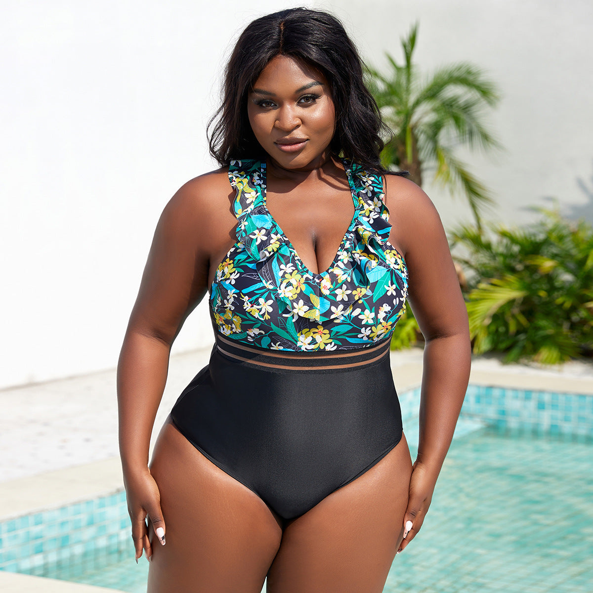 Damen Hochtaillierter Badeanzug mit Rüschendetails und floralem Oberteil R&B