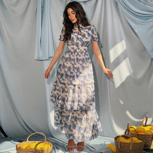 Damen Blumenkleid mit schickem Stehkragen und durchscheinenden Ärmeln R&B