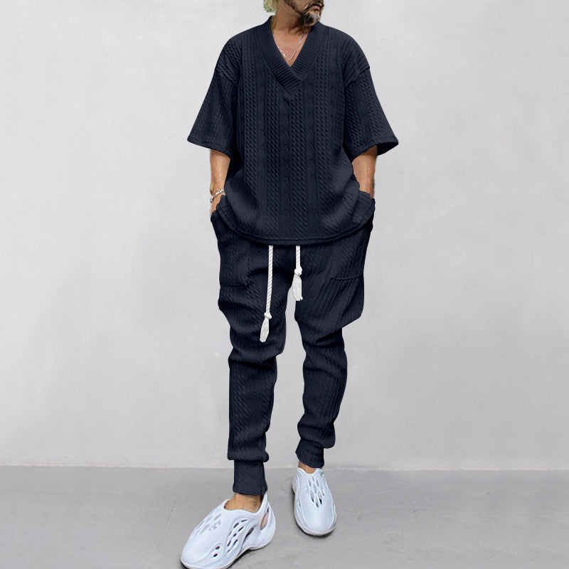 Herren nan lässiges Strickset mit V-Ausschnitt und Kordelzug-Joggerhose R&B