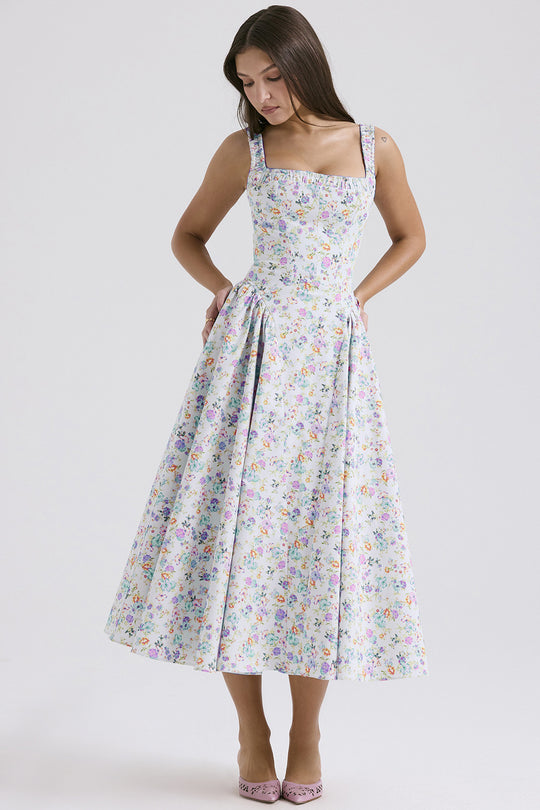 Damen Midi-Kleid mit floralem Muster und angeschnittenem Rock R&B