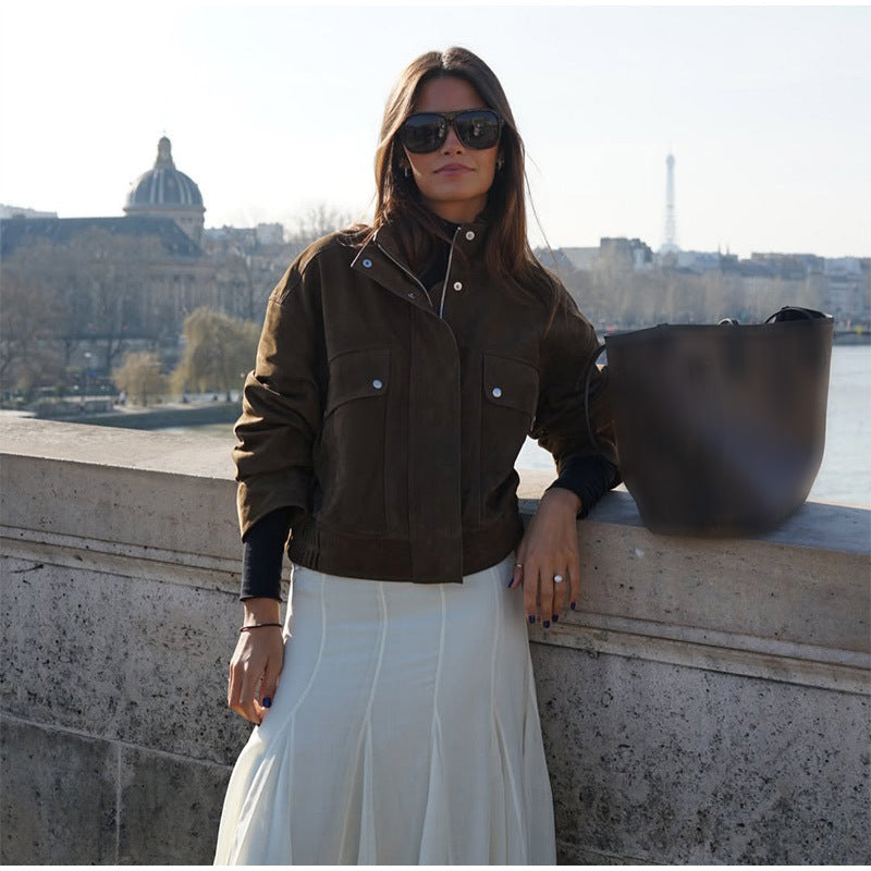 Damen lässige Suede-Jacke mit funktionalen Taschen und modernem Design R&B