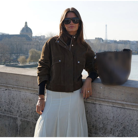 Damen lässige Suede-Jacke mit funktionalen Taschen und modernem Design R&B
