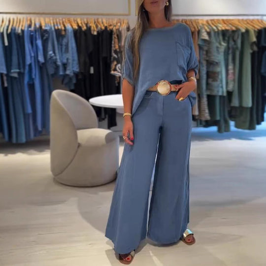Damen nan Leinenmix-Zweiteiler mit kastigem Oversize-Shirt, Brusttasche und weiter Palazzohose R&B