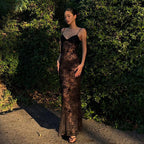 Damen Elegantes Spitzen-Maxi-Kleid mit Spaghetti-Trägern und transparenter Optik R&B