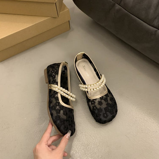 Damen elegante Ballerinas mit dekorativer Perlenapplikation und modischem Riemchen R&B