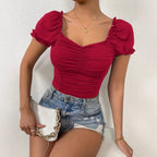 Damen figurbetontes Crop-Top mit Puffärmeln und Raffung R&B