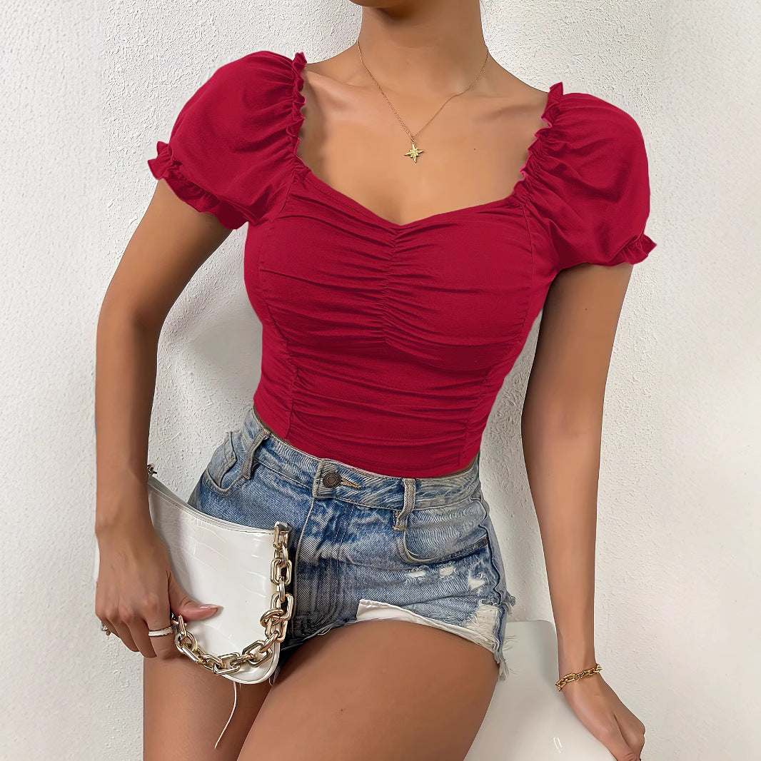 Damen figurbetontes Crop-Top mit Puffärmeln und Raffung R&B