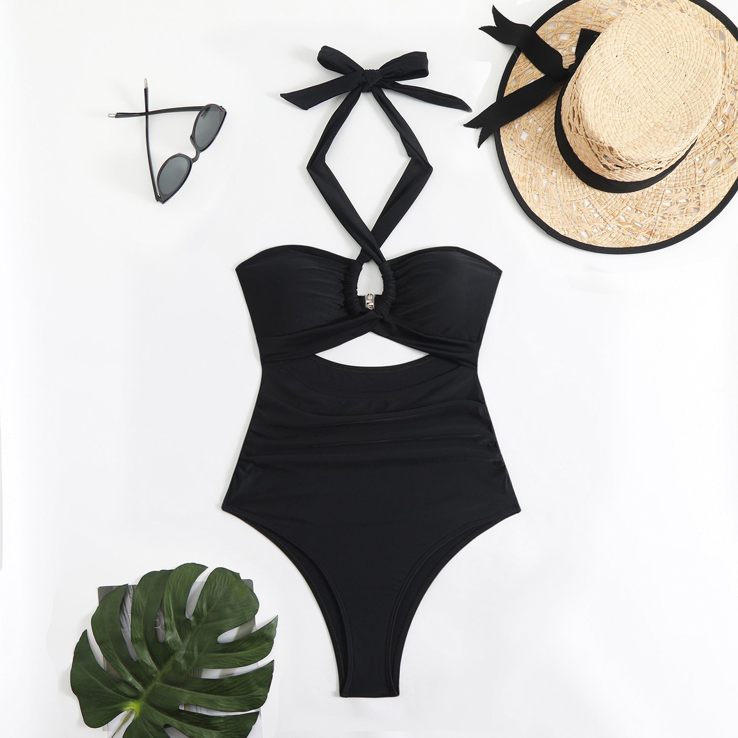 Damen einteiliger Badeanzug mit innovativem Cut-Out-Design und verspieltem Schleifenband R&B