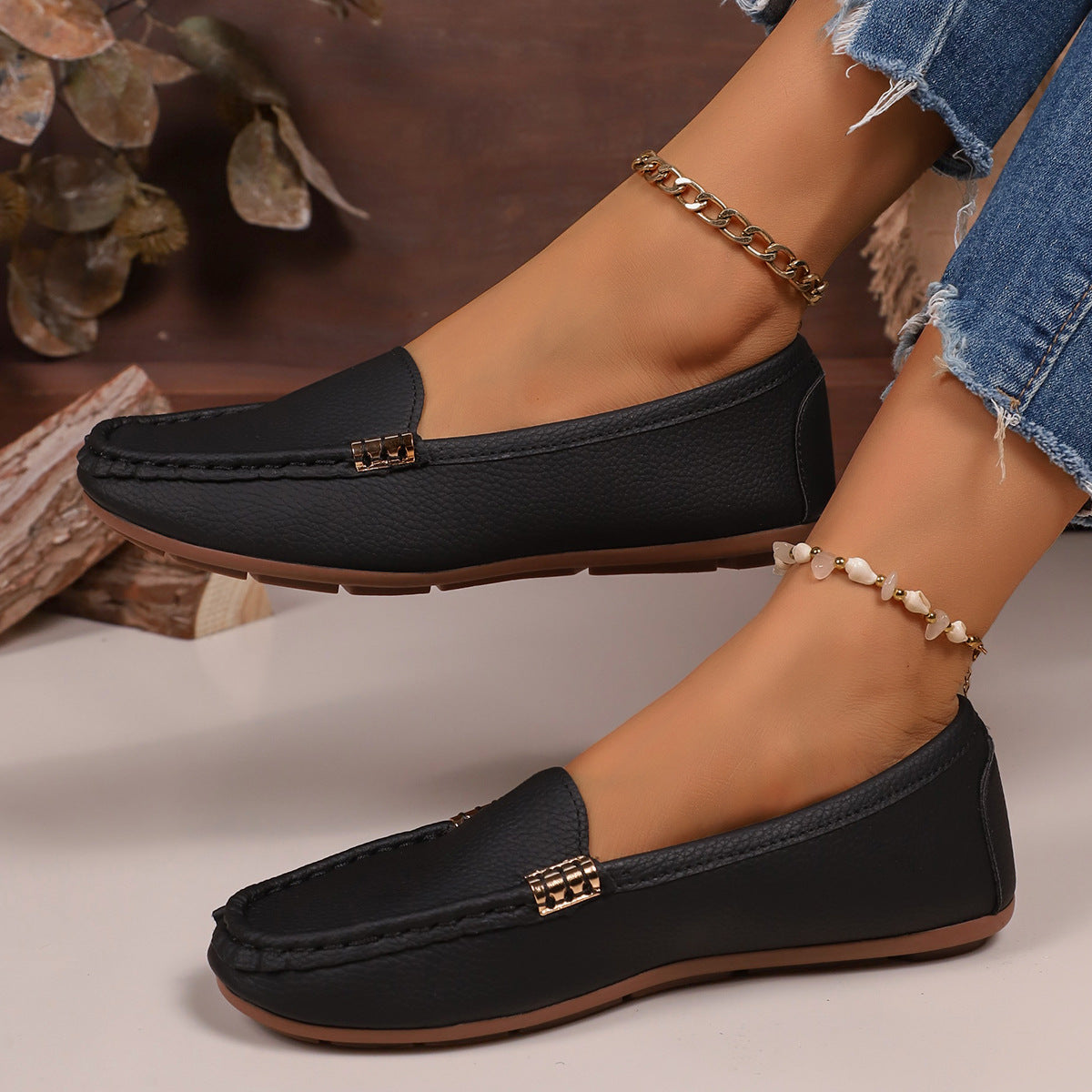 Damen Mokassin-Schuhe mit elegantem Narbenleder und rutschfester Sohle R&B