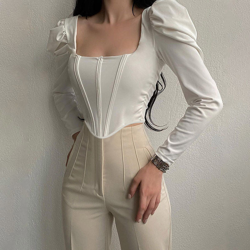 Damen Elegantes Oberteil mit Puffärmeln und tiefem Ausschnitt R&B